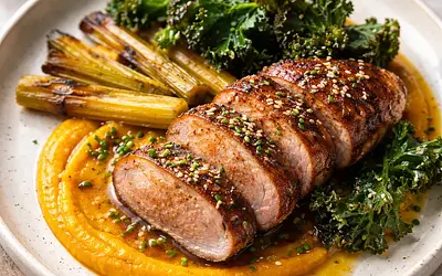 Duck breast with miso-orange glaze, roasted celery and pumpkin puree, kale chips, and pomegranate seeds (fusion, variant f4bdf12b)