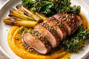 Duck breast with miso-orange glaze, roasted celery and pumpkin puree, kale chips, and pomegranate seeds (fusion, variant f4bdf12b)