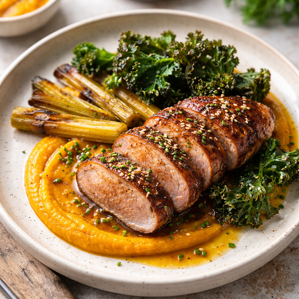 Pierś z kaczki z miso-pomaranczową glazurą, puree z pieczonego selera i dyni, chipsy z jarmużu i pestki granatu (fusion, wariant f4bdf12b)