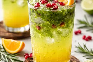 Matcha-Citrus Fizz with Pomegranate and Rosemary