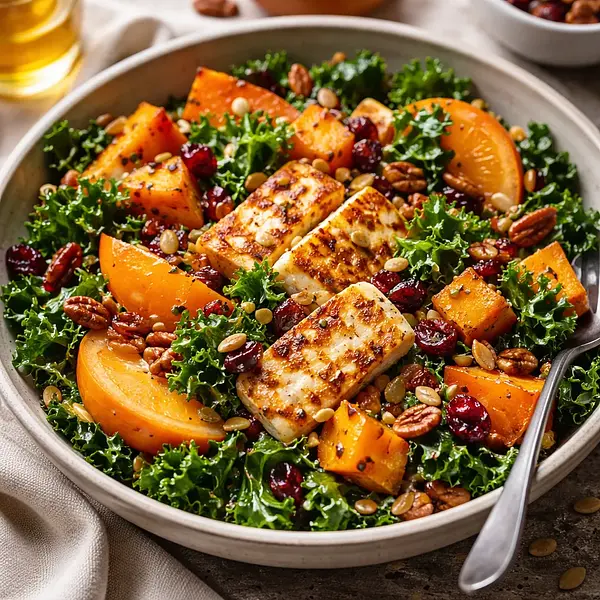 Jesienna sałatka z pieczoną dynią piżmową, jarmużem, kaki i halloumi