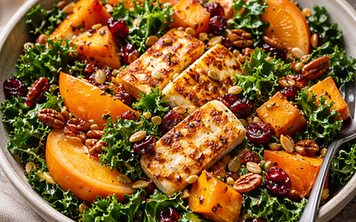 Jesienna sałatka z pieczoną dynią piżmową, jarmużem, kaki i halloumi