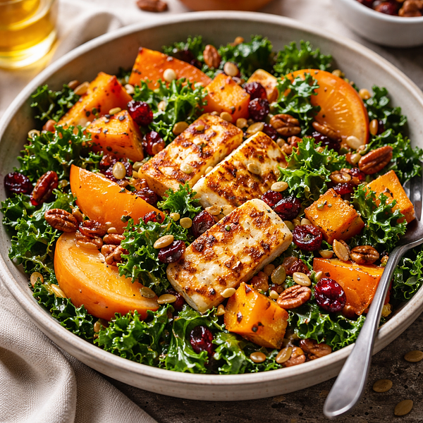 Jesienna sałatka z pieczoną dynią piżmową, jarmużem, kaki i halloumi