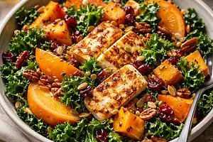 Autumn salad with roasted butternut squash, kale, persimmon, and halloumi