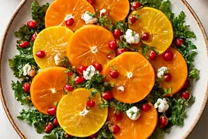 Winter citrus-persimmon salad with pomegranate, arugula, and feta cheese (quick)