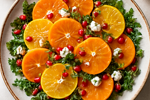 Winter citrus-persimmon salad with pomegranate, arugula, and feta cheese (quick)