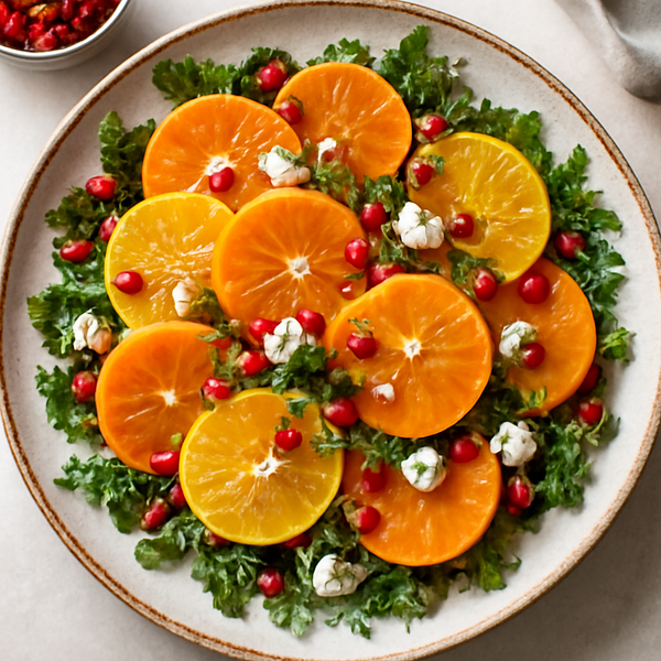 Zimowa sałatka cytrusowo-kaki z granatem, rukolą i serem feta (szybkie)