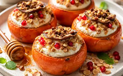 Baked persimmons stuffed with mascarpone cream, almond crumble, and pomegranate