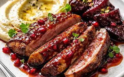 Duck breast with pomegranate glaze, celery puree, and caramelized beets