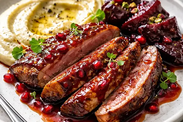 Pierś z kaczki z glazurą z granatu, puree z selera i karmelizowanymi buraczkami