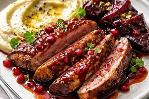 Duck breast with pomegranate glaze, celery puree, and caramelized beets
