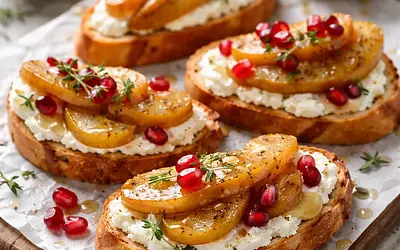 Szybkie crostini z ricottą, karmelizowaną gruszką i pestkami granatu