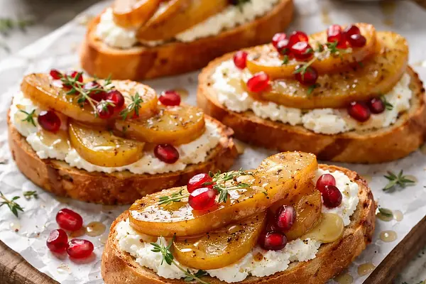 Szybkie crostini z ricottą, karmelizowaną gruszką i pestkami granatu