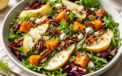 Quick seasonal salad with roasted pumpkin, pear, and pecans