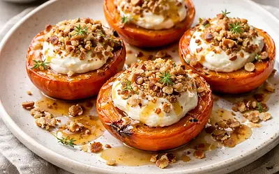 Modern baked persimmons with yogurt-mascarpone cream, nut-almond crumble, and pomegranate sauce