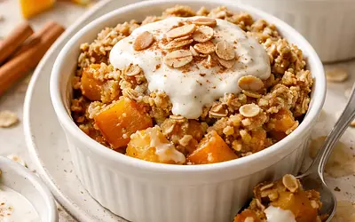 Szybkie mini crumble sezonowe z dynią i jabłkiem z jogurtowo-migdałowym sosem