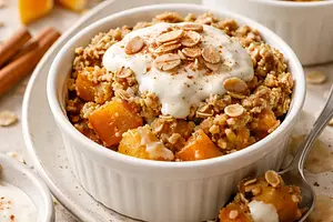 Szybkie mini crumble sezonowe z dynią i jabłkiem z jogurtowo-migdałowym sosem