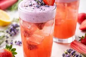 Spring rhubarb-strawberry elixir with lavender foam