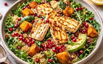 Quick seasonal salad: roasted pumpkin, quinoa, and pomegranate with halloumi