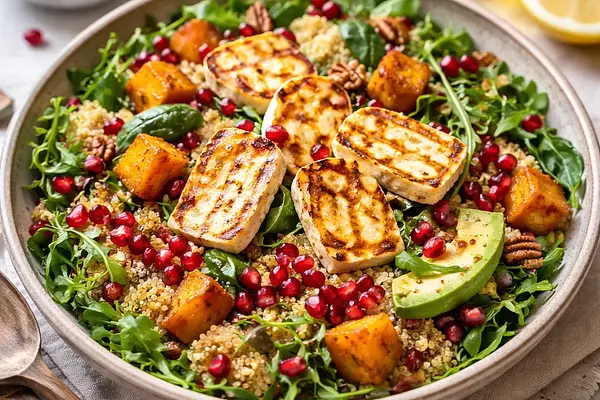 Szybka sałatka sezonowa: pieczona dynia, komosa i granat z halloumi