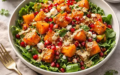 Quick Winter Salad with Roasted Pumpkin, Pomegranate, and Tahini