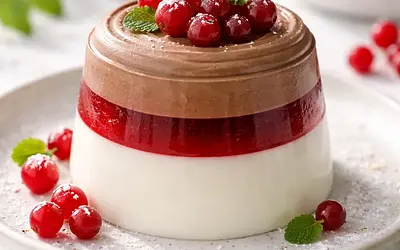 Nowoczesna warstwowa panna cotta kokosowa z lustrzaną galaretką z czerwonej porzeczki, musem czekoladowym i chrupiącą kruszonką jaglaną (wariant f221e60d)