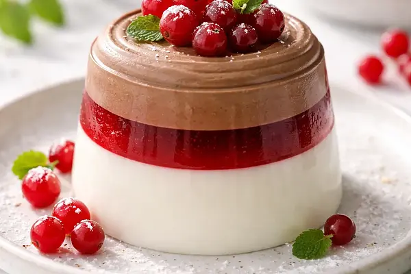 Nowoczesna warstwowa panna cotta kokosowa z lustrzaną galaretką z czerwonej porzeczki, musem czekoladowym i chrupiącą kruszonką jaglaną (wariant f221e60d)