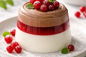 Modern layered coconut panna cotta with a mirror jelly of red currant, chocolate mousse, and crunchy millet crumble (variant f221e60d)