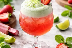 Spring rhubarb-strawberry cocktail with green aquafaba foam (variant bf7fbd49)