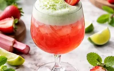 Spring rhubarb-strawberry cocktail with green aquafaba foam (variant bf7fbd49)