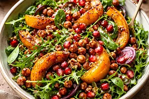 Winter salad with roasted pumpkin, pomegranate, and crispy chickpeas (vegan version)