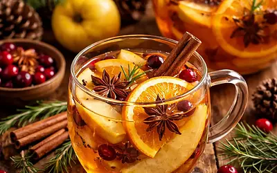 Traditional warming holiday punch with quince and orange