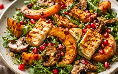 Fusion Salad: Roasted Pumpkin with Halloumi, Shiitake, and Pomegranate