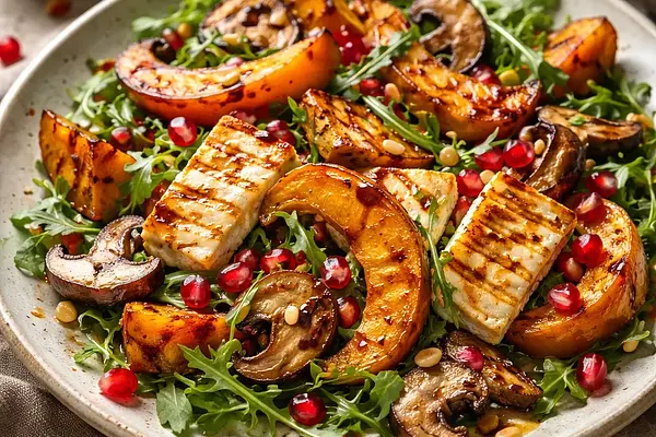 Sałatka fusion: pieczona dynia z halloumi, shiitake i granatem (wariant 6fda1cbe)
