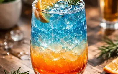 Shiny pomegranate-orange cocktail with rosemary