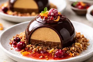 Modern chocolate-pumpkin half-spheres with pumpkin mousse, cranberry-orange sauce, and almond crumble (variant a1540919)
