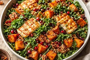 Autumn fusion salad with roasted sweet potato, quinoa, and halloumi