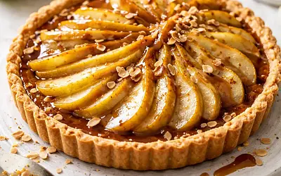 Pear and Caramel Tart on Almond Shortcrust Base