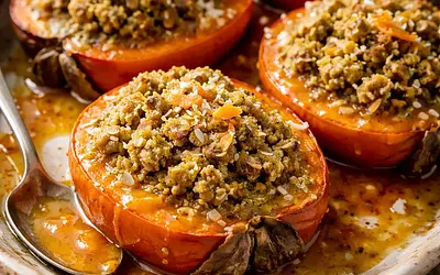 Baked persimmons with coconut-matcha cream, almond-oat crumble, and orange-ginger sauce