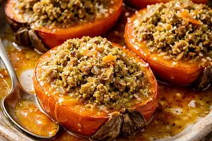 Baked persimmons with coconut-matcha cream, almond-oat crumble, and orange-ginger sauce