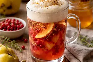 Traditional quince-currant infusion with honey-cardamom foam