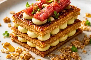 Mille-feuille rabarbarowo-yuzu z miso-karmelizacją i kruszonką sezamowo-ryżową