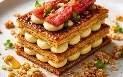 Mille-feuille rabarbarowo-yuzu z miso-karmelizacją i kruszonką sezamowo-ryżową