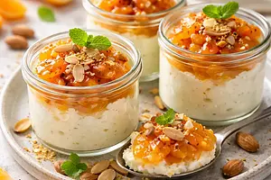 Quick citrus-cardamom cups with ricotta, caramelized mandarins, and crunchy almonds