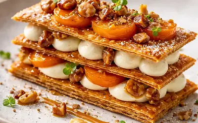 Modern mille-feuille with caramelized persimmon, white chocolate mousse, and crunchy chestnuts (variant a905a5dd)