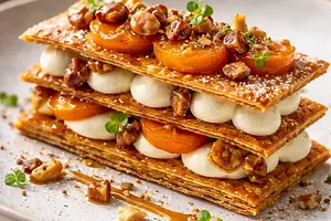 Modern mille-feuille with caramelized persimmon, white chocolate mousse, and crunchy chestnuts (variant a905a5dd)