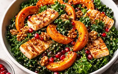 Zimowa sałatka z pieczoną dynią Hokkaido, jarmużem, granatem i halloumi