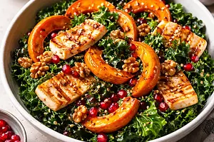 Winter salad with roasted Hokkaido pumpkin, kale, pomegranate, and halloumi