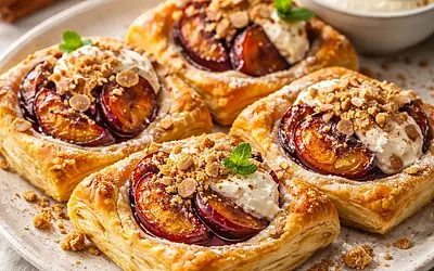 Baked Plums in Almond Batter with Ricotta Cream and Cinnamon Crumble (variant cb2e2262)