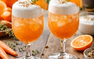 Sparkling clementine-carrot cocktail with aquafaba foam and a hint of cardamom